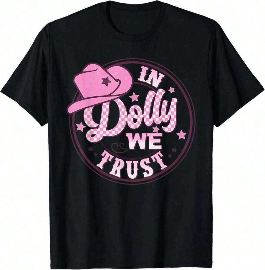 100% Algodón, Camiseta Divertida con Estampado 'In Dolly We Trust' y Gorro Rosa para Niñas, Camiseta Gráfica para Mujer y Hombre, Cuello Redondo, Estilo Clásico, Moda de Verano, Tops para Vacaciones - Negro - Ver 1