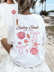 Camiseta Holgada para Mujer con Estampado de Conchas Marinas Estilo Resort en la Parte Delantera y Trasera, Camiseta de Manga Corta Versátil de Corte Ajustado para Chicas Dulces de Verano - Blanco - Ver 1