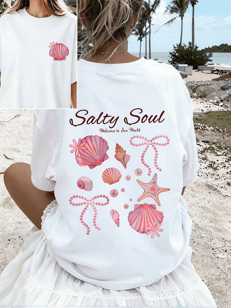 Camiseta Holgada para Mujer con Estampado de Conchas Marinas Estilo Resort en la Parte Delantera y Trasera, Camiseta de Manga Corta Versátil de Corte Ajustado para Chicas Dulces de Verano - Blanco - Ver 1