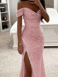 Vestido largo de gala formal con escote hombros descubiertos, fruncido, con lentejuelas y abertura alta tipo sirena - Rosa - Ver 1