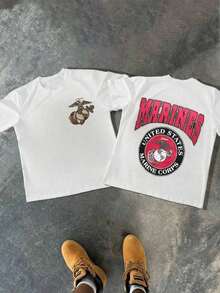 Camiseta de manga corta para hombre, cuello redondo, casual, 1 pieza, 100% algodón, 220g, estampada digitalmente por ambos lados con el logotipo de los Marines y un motivo de Estados Unidos. - Blanco - Ver 1