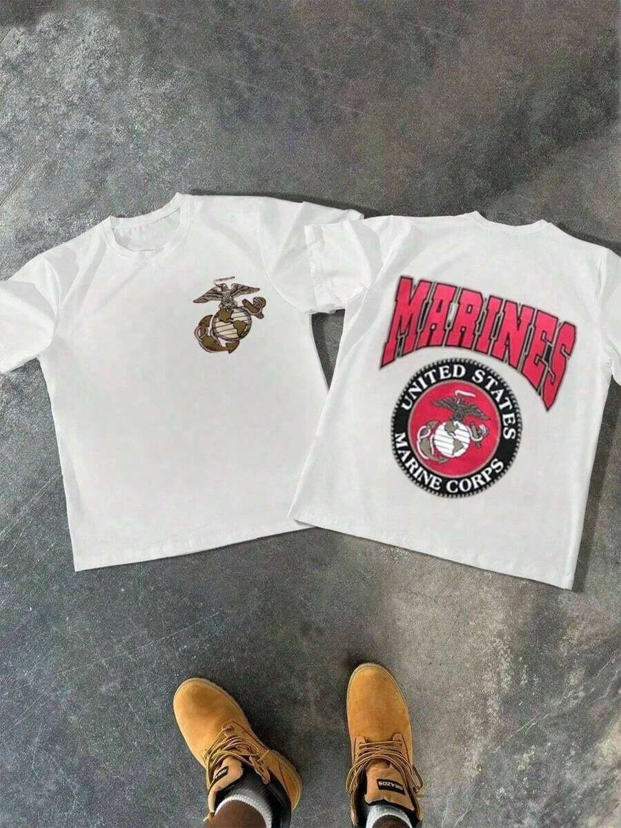 Camiseta de manga corta para hombre, cuello redondo, casual, 1 pieza, 100% algodón, 220g, estampada digitalmente por ambos lados con el logotipo de los Marines y un motivo de Estados Unidos. - Blanco - Ver 1
