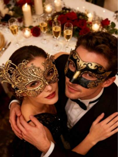 Bộ 2 mặt nạ vàng cao cấp, mặt nạ dự tiệc kiểu Venice, mặt nạ dự tiệc Giáng sinh & Halloween, mặt nạ hóa trang lễ hội lãng mạn, unisex, mặt nạ dự tiệc Ngày Valentine, mặt nạ đôi, mặt nạ dự tiệc hóa trang đôi, quà tặng Ngày Valentine