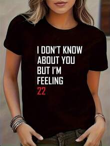 Camiseta Casual de Cuello Redondo de Poliéster, Estampado con Patrón de Alfabeto, Bloques de Color, Corte Regular, Tejido de Punto de 200g/M² para Todas las Temporadas, Camiseta para Mujer - Negro - Ver 7