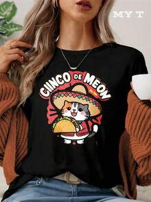Camiseta de Mujer MYAZUL T, Camiseta de Algodón Suave de Talla Grande con Diseño de Gato y Taco para el Cinco de Mayo, Temática Mexicana Festiva, Estampado de Animales Adorable, Atuendo de Verano, Regalo Perfecto para Amantes de los Gatos y Fanáticos de la Fiesta, Vestidos de Mujer Verano a la Moda, Casual, Perfecto para Todas las Temporadas, Tallas S - XXL, Camisetas para Salir para Mujer - Negro - Ver 7