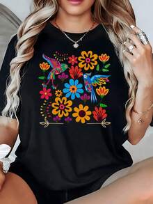 Women's T-Shirt With A Design Of Colorful Birds In Flight Surrounded By Vibrant Flowers That Convey Joy And Energy, Inspired By Mexican Folk Art. Women's Casual T-Shirts. - 黑色 - 查看 6