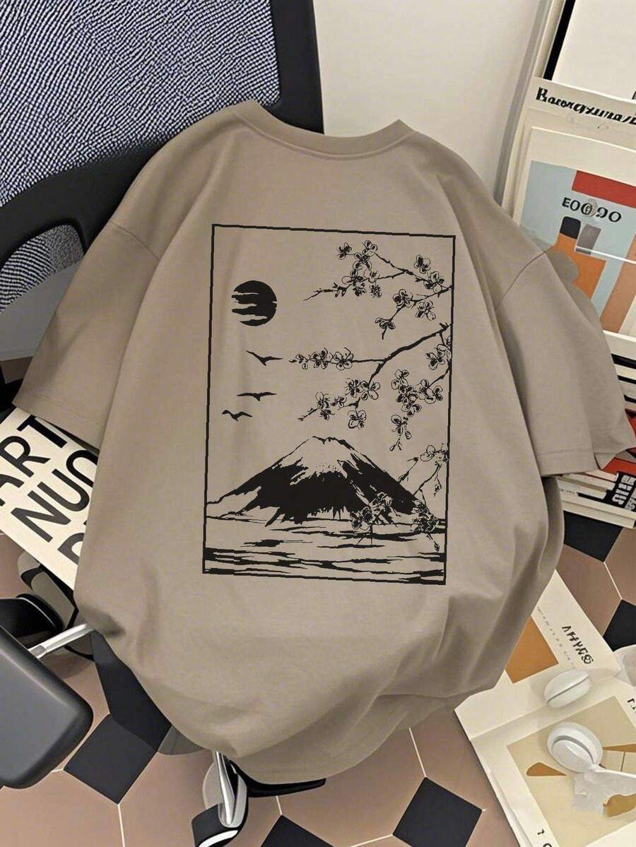 Men's Oversized T-Shirt With Mountain Print, Limited Edition, Short Sleeve, Crew Neck, Cotton, Men's Clothing, Harajuku Summer Style, Y2k, Lightweight Cotton - 杏色 - 查看 1