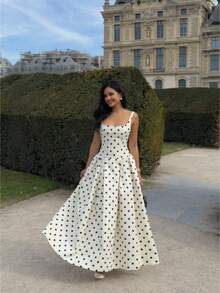 Vestido tirante lunares estilo francés 2026, cuello cuadrado suave, cintura marcada con pliegues y falda amplia - Blanco - Ver 2