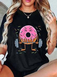 Women's Casual Short-Sleeved T-Shirt, Perfect For Summer Vacation, Featuring A Fun Donut Lover Print, Ideal For Fitness, Workouts, And The Gym. - 黑色 - 查看 9
