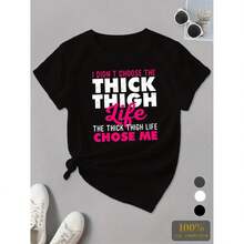 Camiseta de Mujer Talla Grande "Thick Thigh Life" - Casual y Deportiva, Manga Corta, Cuello Redondo, Poliéster, Lavable a Máquina, Disponible en Varios Colores, Cuello Redondo Negro. - Negro - Ver 1