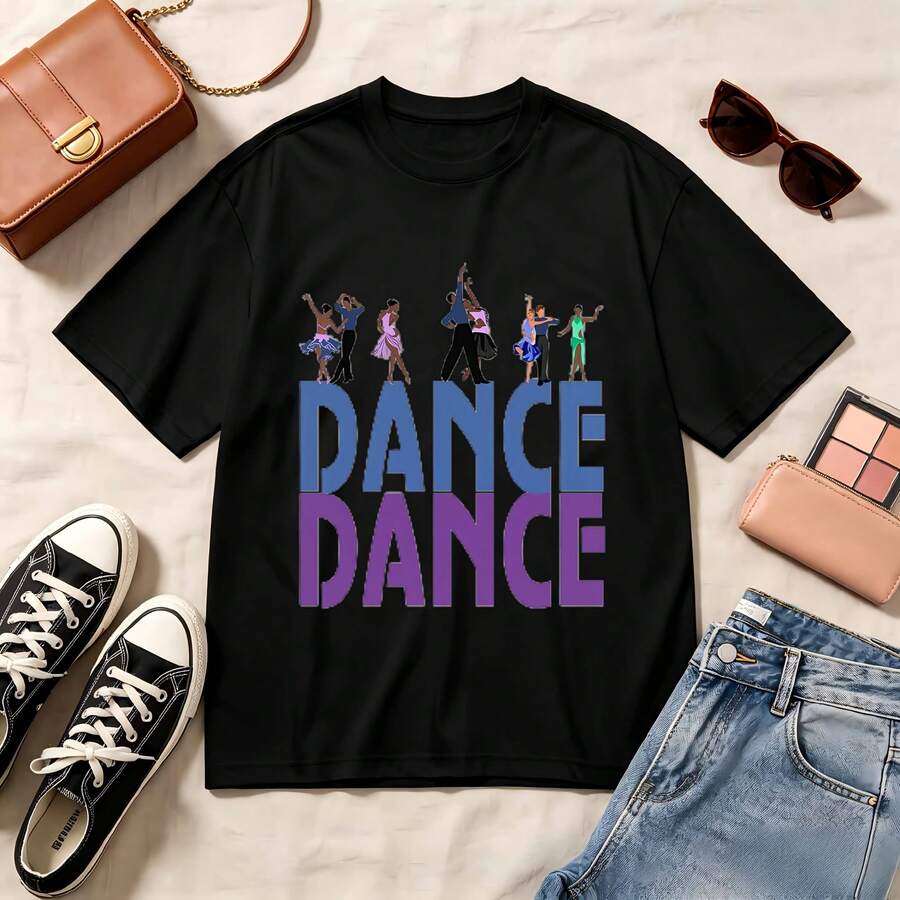 Retro Dance Dance, 100% Cotton, Oversized, Soft Breathable, Casual Crewneck, Short Sleeve Top, Summer Vibes, Streetwear, Dance Lovers - 黑色 - 查看 1