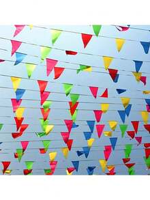 1 Set 100m 150pcs Colorful Triangle Bunting Flags, Party Atmosphere Decor! Rainbow Color Triangle Flags, Using Red, Pink, Yellow, Green, Sky Blue And Other Bright Colors, Multiple Size Options, Moderate Flag Size, Hanging With Staggered Arrangement, Instantly Lighting Up The Scene. Durable And Wind-Resistant Material, Reusable, Suitable For Birthday Parties, Wedding Celebrations, Opening Events, Holiday Decorations - Pennant - View 3