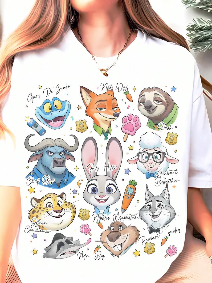 Disney Zootopia Character Tops De Mujer, Zootopia Judy Nick And Friends Graphic Tee, Whimsical Disney Animal City Casual Vacation Shirt - 白色 - 查看 1