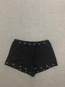 Shorts de Verano para Mujer, Estampado con Letras, Perforados, a la Moda, Ajustados, Casuales, de Color Sólido - Negro - Ver 1