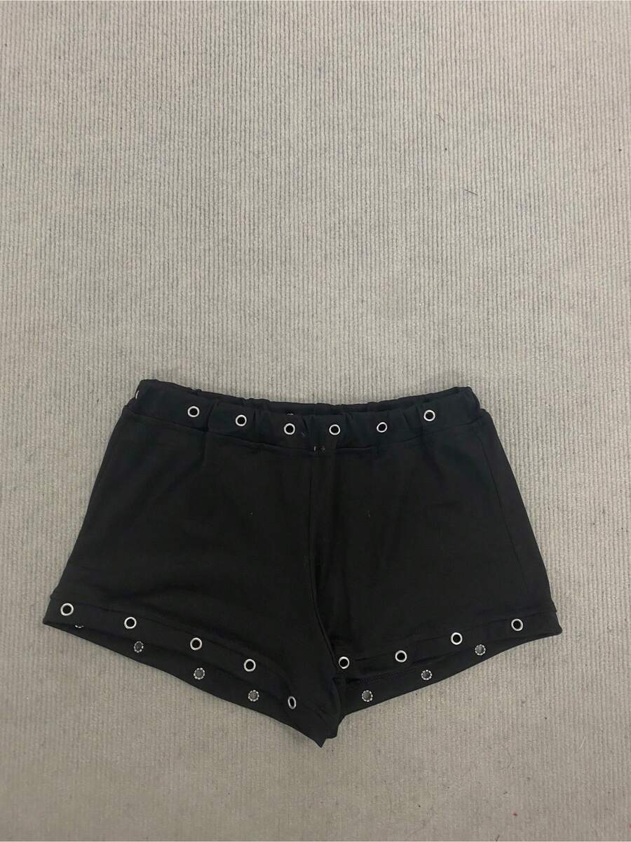 Shorts de Verano para Mujer, Estampado con Letras, Perforados, a la Moda, Ajustados, Casuales, de Color Sólido - Negro - Ver 1