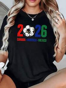 Balón central representando la unión de Canadá Estados Unidos y México para la gran celebración deportiva de 2026 con energía vibrante y espíritu internacional camiseta de mujer casual cómoda para aficionados al fútbol - Negro - Ver 6