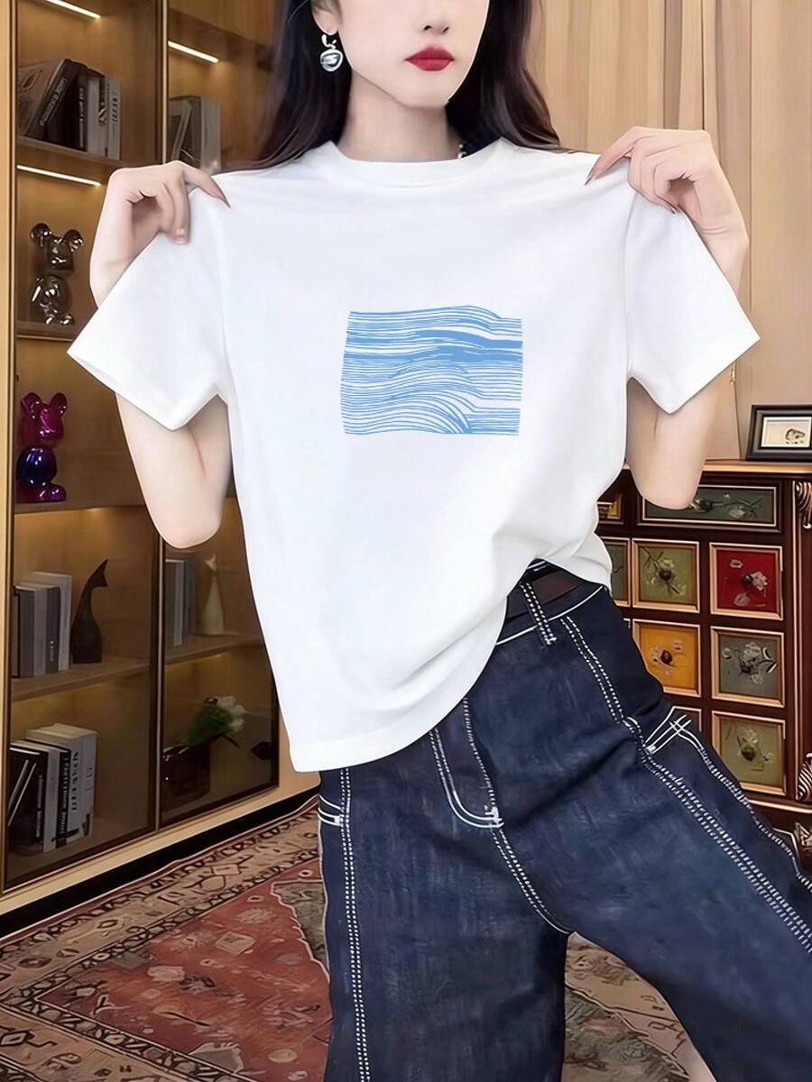 Women's Short-Sleeved T-Shirt Made Of Pure Cotton, Model 2026, With An Elegant Design, Versatile Navy Blue Round Neck Top, Summer Round Neck T-Shirts, Comfortable Loose-Fitting T-Shirts, Fashionable T-Shirts. - 白色 - 查看 1