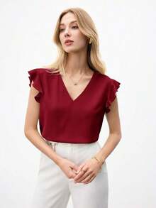 Blusa holgada de manga abullonada y cuello en V para mujer, estilo urbano básico, elegante y minimalista para uso casual en la oficina, adecuada para maestras y atuendo de negocios, otoño - Rojo - Ver 5
