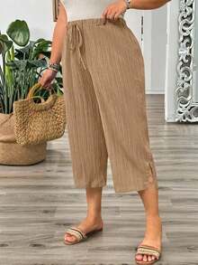 Pantalones casuales capri de talla grande para mujer, de unicolor, con cintura anudada y bolsillos - Caqui - Ver 6