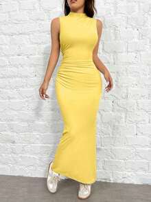 Vestido De Sirena Ajustado De Cuello Alto Tejido Para Mujer En Color Albaricoque - Amarillo - Ver 4