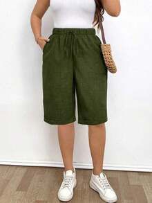 Pantalones cortos holgados de lino de talla grande para mujer, de unicolor, con bolsillo y lazo en la cintura, pantalones cortos anchos y de pierna ancha, pantalones cortos modestos para vacaciones y verano, color negro - Verde militar - Ver 7