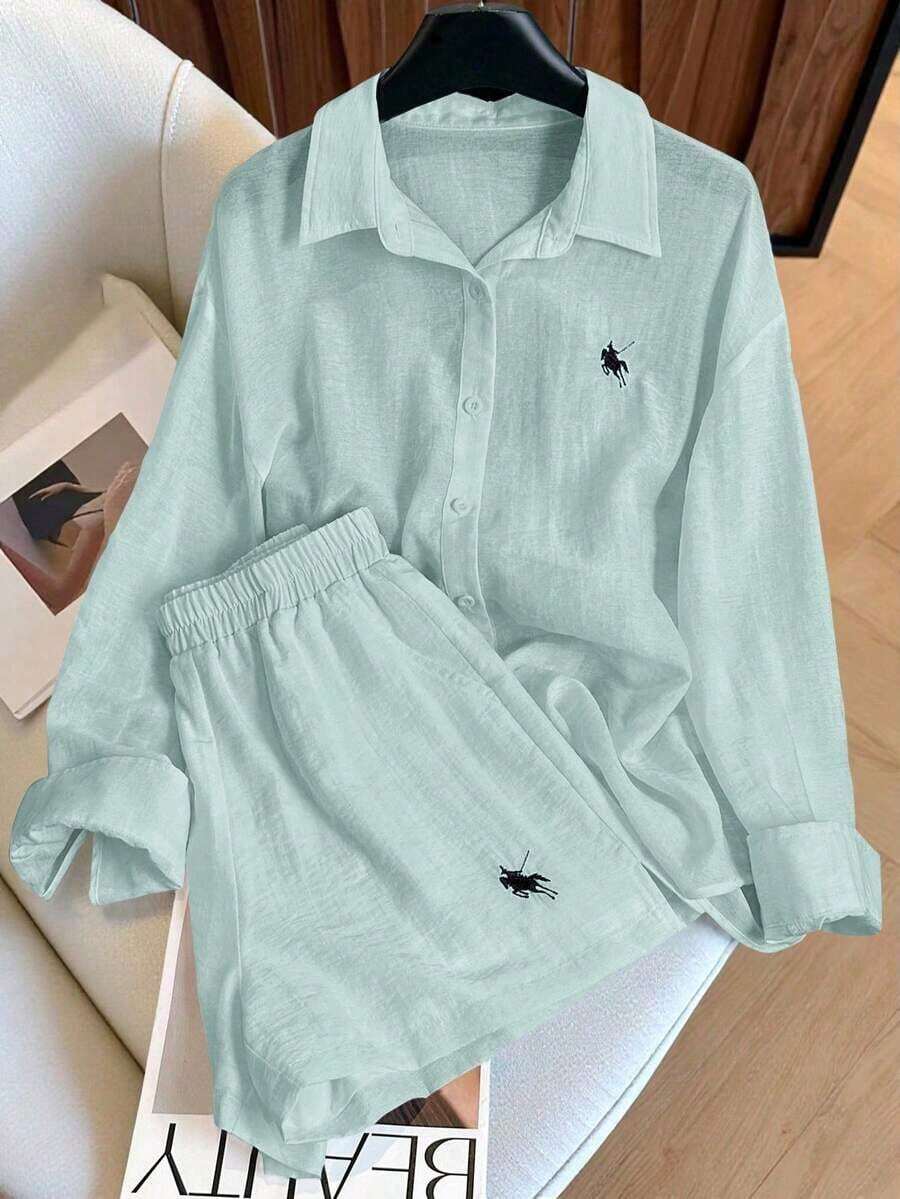 Conjunto de camisa de manga larga a rayas de un solo pecho y pantalones cortos versátiles de estilo vintage casual - verde menta - Ver 1