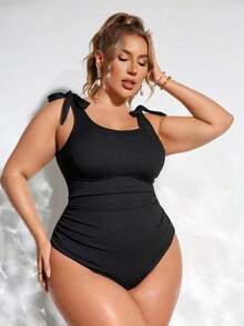 1 pieza Traje de baño de una sola pieza con fruncido de unicolor, estilo de vacaciones en la playa de verano para tallas grandes - Negro - Ver 5