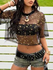 Top de malla negra de manga corta para mujer - Negro - Ver 6