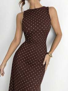 YHHSiren Gaze Vestido de verano sin mangas con lazo en la cintura y estampado de lunares elegante para mujerYHH - Café integral - Ver 3