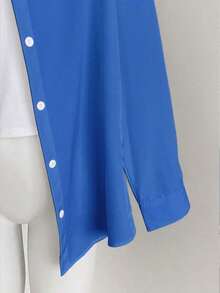 Camisa casual/de trabajo de manga larga, de un solo pecho y de unicolor para mujer de talla grande - azul real - Ver 4