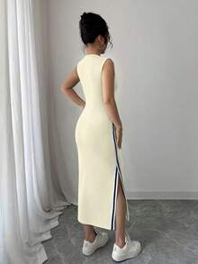 Vestido largo con abertura lateral decorativa de cinta bicolor negro y blanco de cuello redondo para mujeres - Amarillo claro - Ver 2