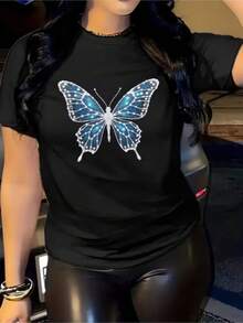 Camiseta Top Picklocalwo Elegante con Gráfico de Mariposa Azul S2026, Talla Grande, Ligera, para Verano, Corte Regular, Casual, Transpirable, Esencial para Uso Diario, Ropa Versátil, Aspecto Moderno, Material Cómodo, Mangas Cortas para Jóvenes Adultos - Negro - Ver 8