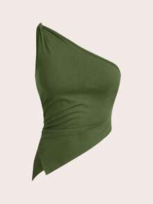 Top elegante de un hombro con un giro en color rojo burdeos delgado para mujer - Verde militar - Ver 7