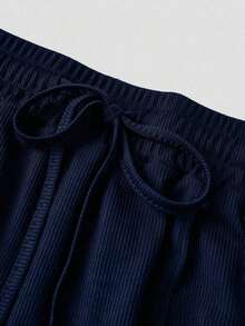 Set de 2 piezas: Top con bajo asimétrico y pantalones de unicolor - Azul marino - Ver 8