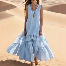 Vestido de verano largo, fluido, en capas, sexy, sin mangas, para mujer, con volantes sueltos, un vestido largo de playa ondulante. - Celeste - Ver 2