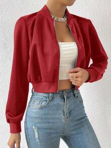Chaqueta bomber corta con cremallera de color liso, chaqueta ligera de mujer de uso casual para primavera/otoño con manga regular, cuello tipo béisbol y ajuste regular en color negro liso - Rojo - Ver 4