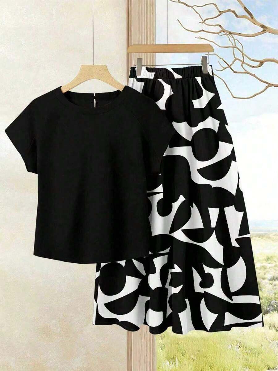 2 piezas Conjunto de top casual de unicolor + falda con estampado geométrico blanco y negro para vacaciones de mujer, Conjunto de ropa de verano para mujer, Conjunto de falda y top de verano, Conjunto de falda y top de mujer, Conjunto de falda - Multicolor 6 - Ver 1