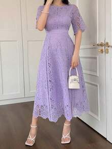 Vestido corto con adorno de encaje en las mangas, vestido mini elegante y refinado - Morado - Ver 5