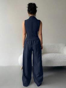 Conjunto de 2 piezas de ropa de otoño: top sin mangas y pantalones de unicolor - Azul - Ver 2