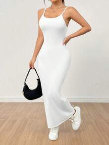 Vestido básico de tirantes finos blanco para mujer - Blanco - Ver 3