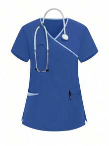 Conjunto de uniforme de pijama de unicolor con parches, cuello en V y manga corta - Azul 2 - Ver 6