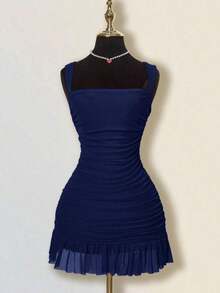 Vestido mini ajustado de mujer de unicolor elegante con malla y drapeado - Azul marino - Ver 1
