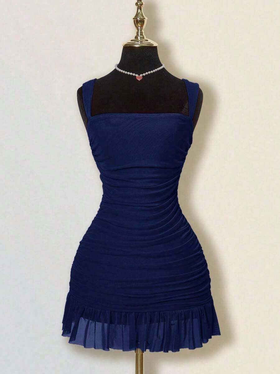 Vestido mini ajustado de mujer de unicolor elegante con malla y drapeado - Azul marino - Ver 1