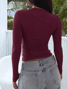 Camiseta ajustada de manga larga con cuello cuadrado para mujer, primavera/verano Y2K, unicolor, sexy, adecuada para el Día de San Valentín y uso casual - Burdeos - Ver 5