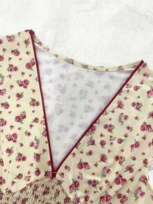 Camiseta de manga corta con cuello en V, estampado floral amarillo, estilo francés, para verano - Albaricoque - Ver 3