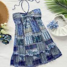 Western Wear Women,Summer Dresses For Women,Vacation Outfits Woman,Bohemian,Rave Outfit Festival,Concert Outfit Women,Easter Dress Women,Women's Vacation Colorful Retro Print Drawstring Front & Back Tie Layered Mini Dress, Music Festival Outfit,Sun Dress - Multicolor - Ver 1