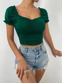 Camiseta corta fruncido delantero escote corazón de manga farol - Verde Oscuro - Ver 5