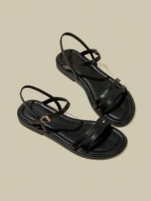 ManLuZi Women's Black Flat Open Toe Strap Sandals, Minimalist Thin Strap Soft Bottom Beach One-Buckle Strap Sandals For Summer - Black - View 5