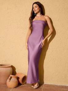 Vestido formal de satén sólido, vestido de cóctel elegante, vestido de fiesta de graduación, vestido de invitada de boda para primavera - Lavanda morada - Ver 2