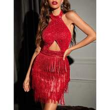 Vestido corto femenino nuevo, estilo sensual, diseño halter con flecos, espalda al descubierto, moda - Rojo - Ver 5